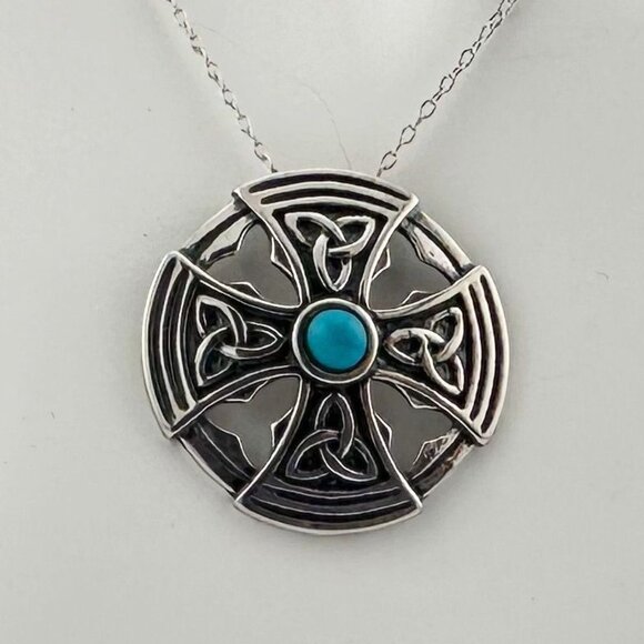 Natural Turquoise Gem in Sterling Silver Celtic Cross - Pendant with Chain - Picture 5 of 7